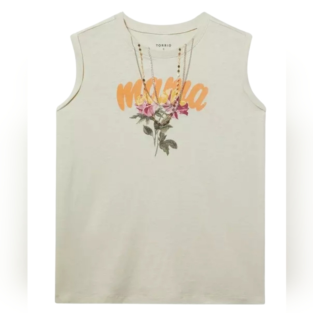 NWT Torrid 2 "Mama" Roll Sleeve Muscle Tank Floral Graphic Sandstone AD-2222